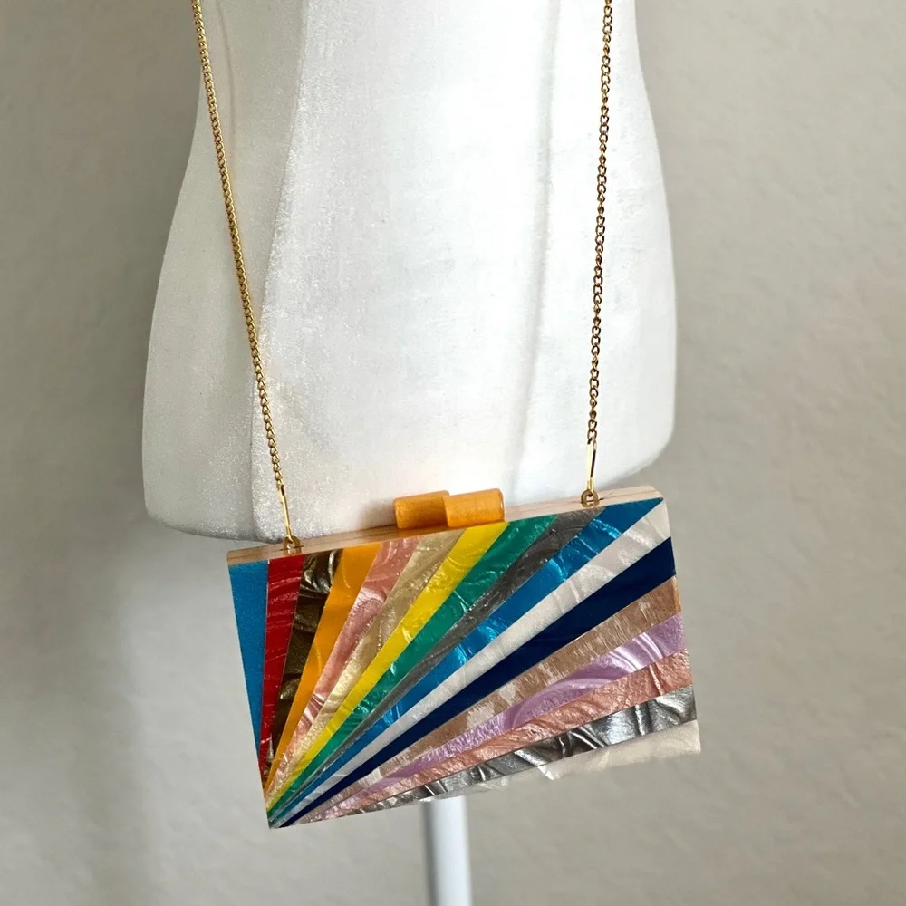 Wood Acrylic Inlay Box Purse Clutch Rainbow Sunburst Design Gold Chain Strap - Picture 3 of 7